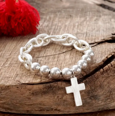 Silver Bead Cross Bracelet