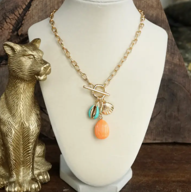 Turquoise & Orange Sea Life Cluster Necklace
